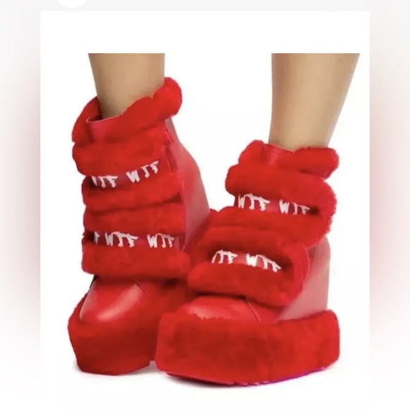 Dizzy Dream Wedge Fur Booties Women – Red Anthony Wang Sz 7 - Picture 1 of 11